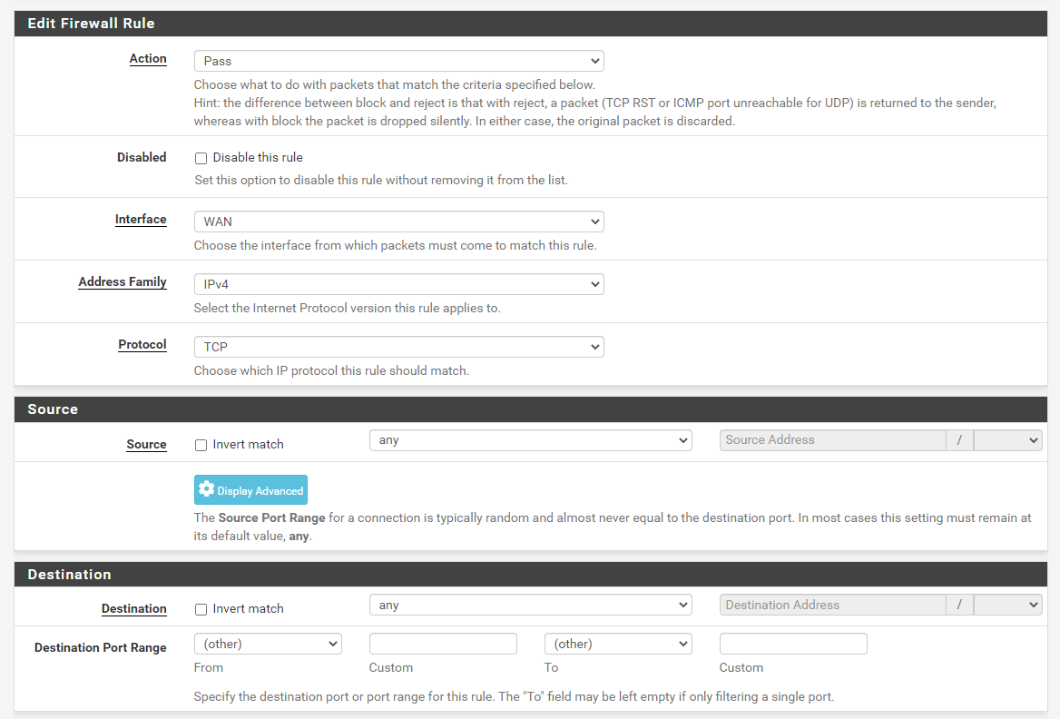 Selecting interface, protocol, source and destination information in pfSense.