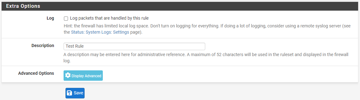 Selecting logging options in pfSense.