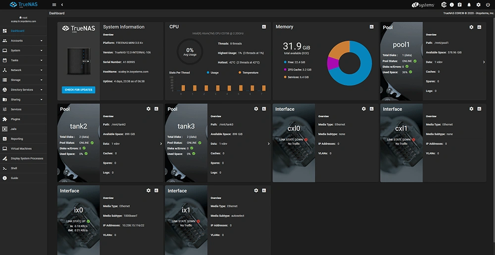 TrueNas CORE dashboard