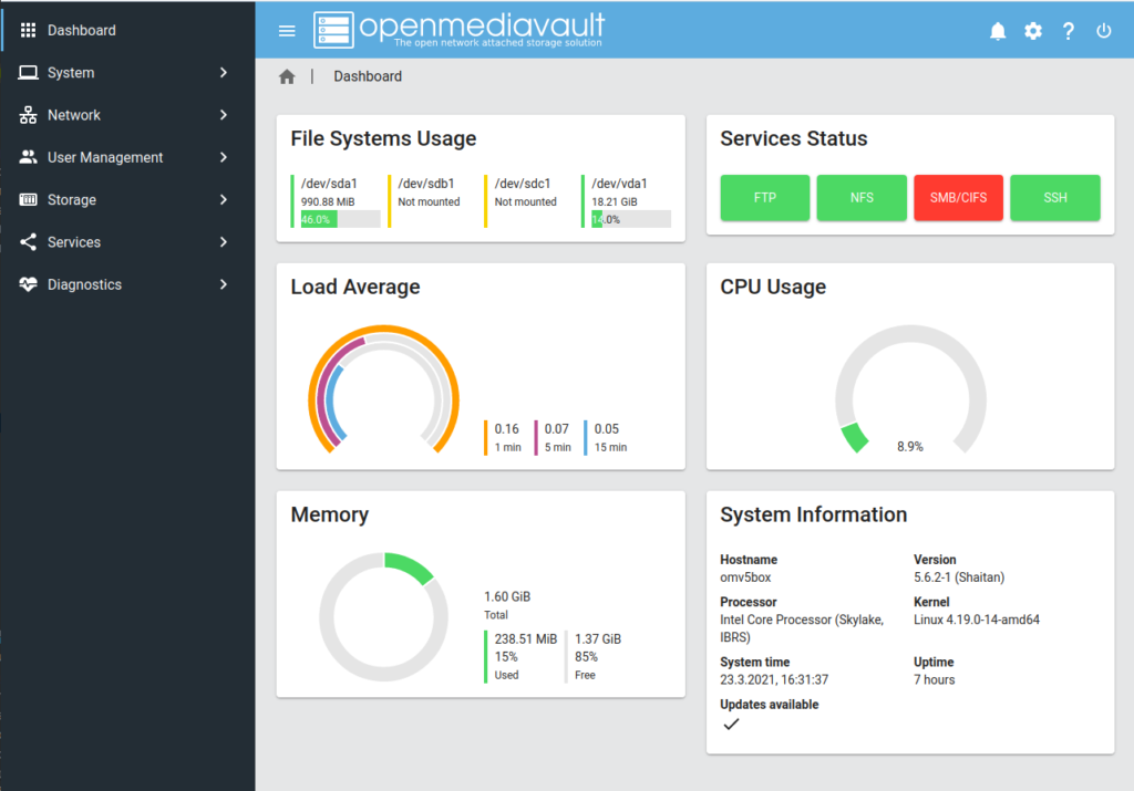 OpenMediaVault dashboard