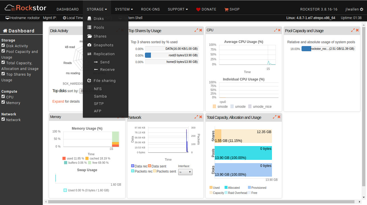 Rockstor Storage Options dashboard