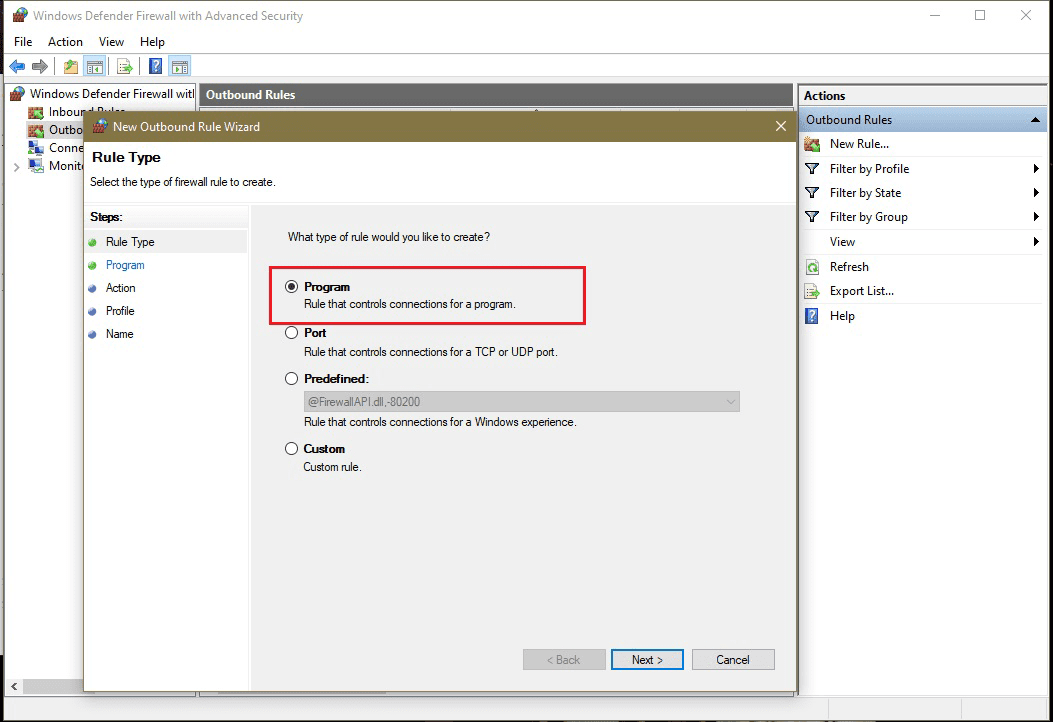 Select Program from the four types of Rules options