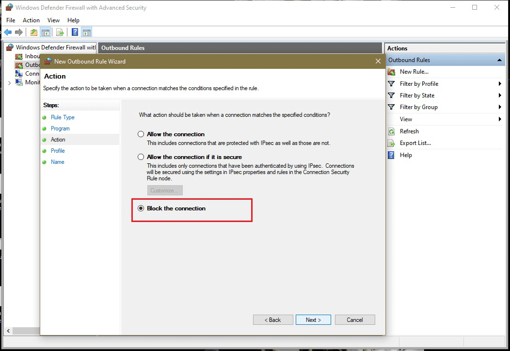 Blocking the connection to a program on Windows Firewall