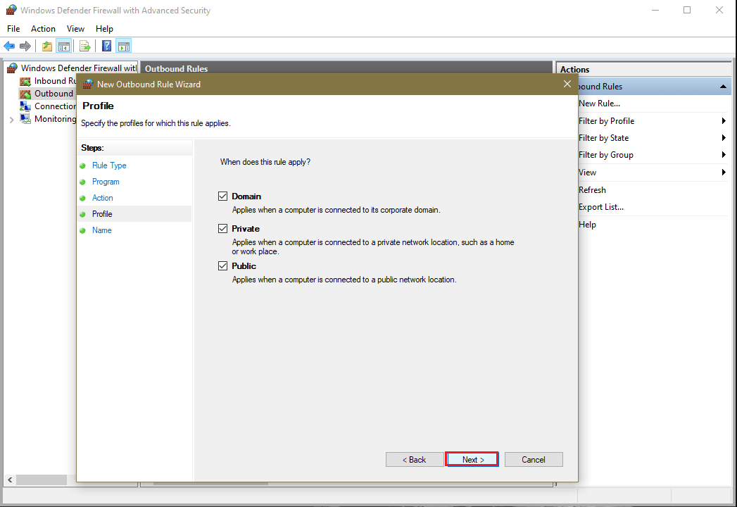 Select the new firewall rule profile(s)