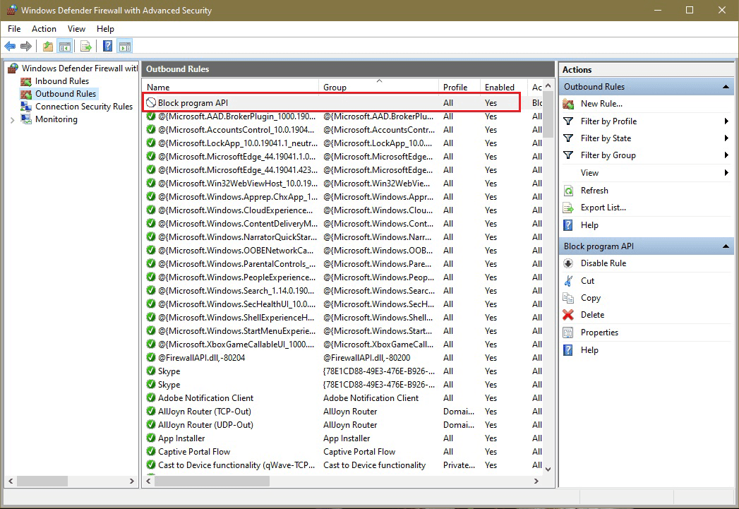 Confirm the new rule is listed under the Outbound Rules menu