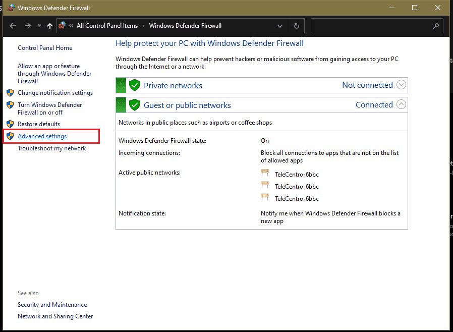 Advanced Settings in Windows Defender Firewall